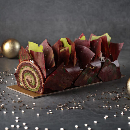 Chocolate Pistachio Kunafa Yule Log Cake